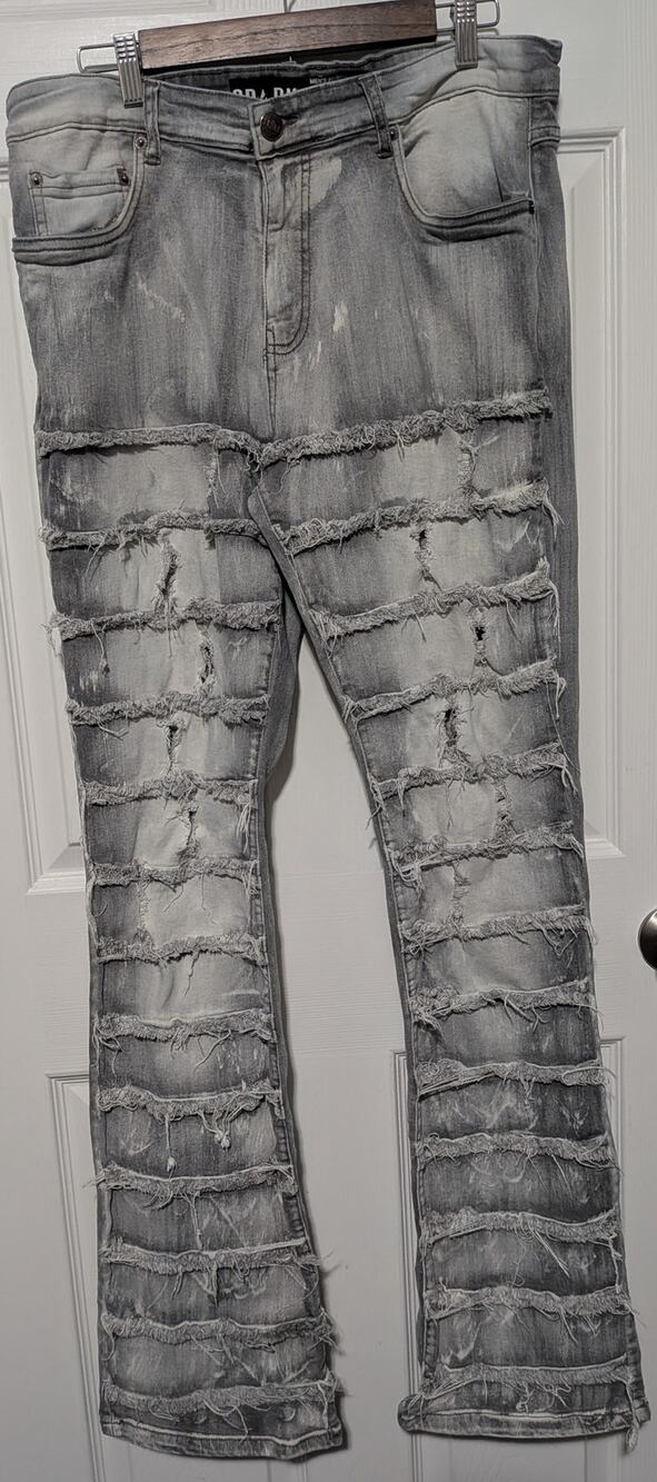 Spark Men’s Denim Distressed Stretch Flare Jeans Grey Wash Frayed Panels 36x38
